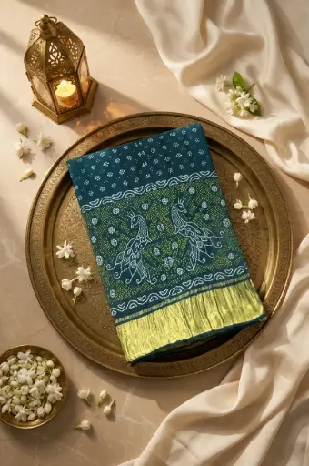 [59812001HZ88C4] Teal Blue Bandhani Georgette Saree with Peacock Pallu
