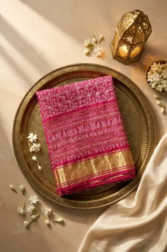 [59812001HZ90C4] Rani Pink Georgette Handcrafted Bandhani Saree with Zari Border