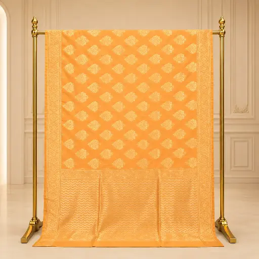[00817001RF3144] Women's Peach Orange Saree with Golden Buti Motifs and Woven Pallu