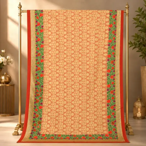 [00817001ZF4218] Women's Peach Saree with Golden Floral Motifs and Multicolour Border