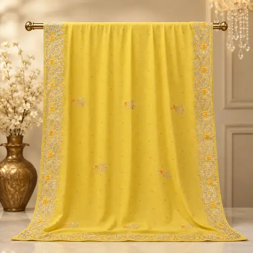 [89717001GW20D3] Bright Yellow Saree with Silver Floral Embroidery, Orange Accents and Ornate Border