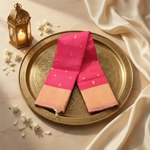 [92309001FT48E1] Rani Pink Pure Silk Saree with Gold Zari Border