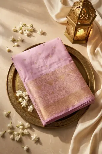 [92309001FT52E1] Blush Pink Pure Silk Saree with Gold Zari Border