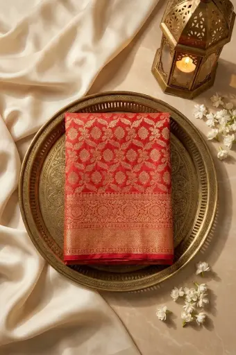 [92309001FT53E1] Crimson Red Pure Silk Saree with Gold Zari Brocade
