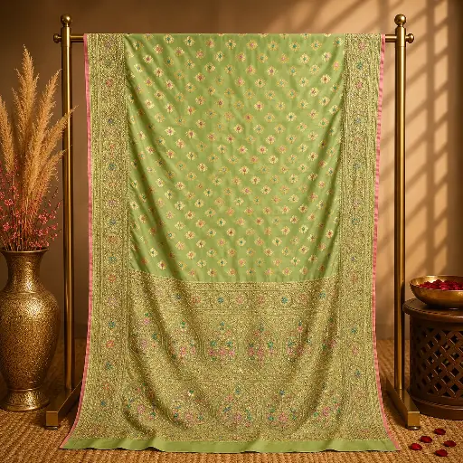 [70317087FL60E0] Pistachio Green Banarasi Saree with Gold Floral Weave and Ornate Border