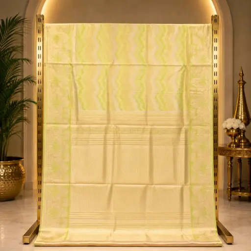 [67109001FT29E1] Elegant Golden Saree with Lime Green Wavy Stripes and Floral Border 