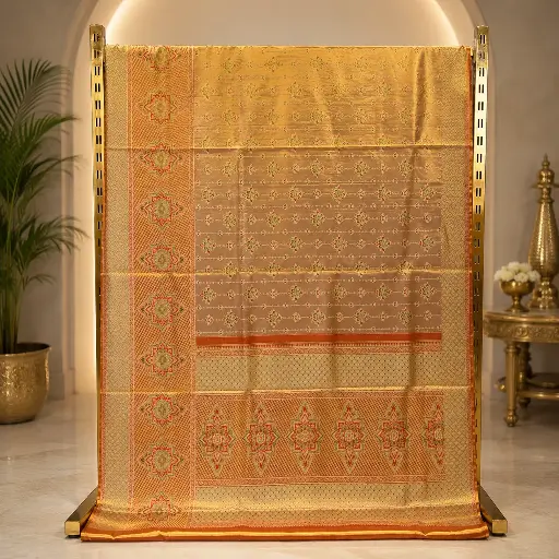 [67109001FT31E1] Golden Beige Woven Saree with Red Green Motifs and Ornate Border