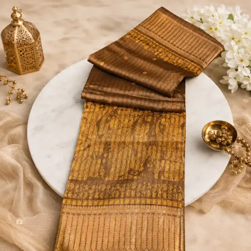 [01409001JR04E0] Brown Silk Blend Saree with Antique Gold Woven Border & Traditional Pallu