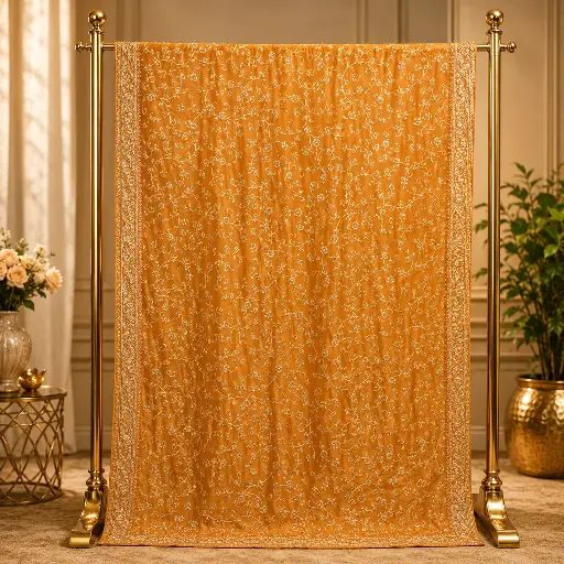 [01410001FK81E0] Women's Mustard Gold Designer Saree with All-Over Floral Vine Embroidery