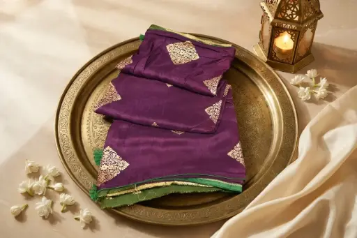 [28717001JM21A4] Royal Purple Dola Silk Saree with Zari Motifs