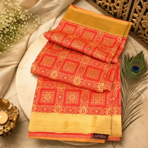 [28709001OP5057] Women's Peach Pink Silk Blend Saree with Gold Border