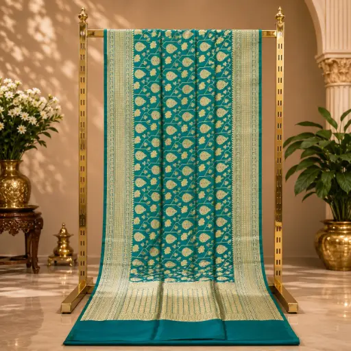 [73809002FO37E0] Elegant Teal Banarasi Style Saree with Golden Zari Floral Motifs, Rich Border
