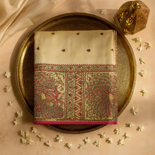 [73417001MQ17A9] Elegant Beige Organza Saree with Intricate Floral Embroidery