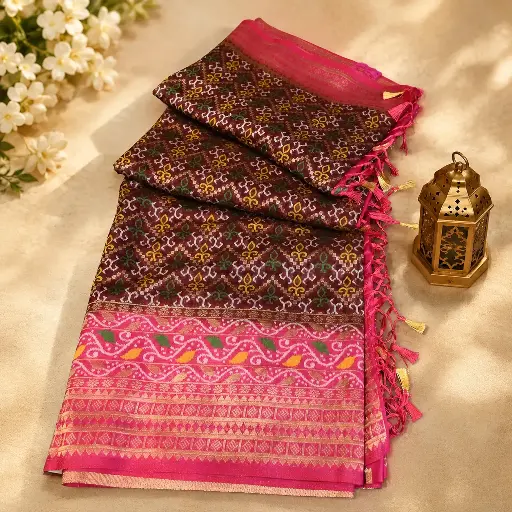 [73317001HU84C2] Maroon Brown Silk Saree with Pink Zari Border, Multicolor Motifs & Tassels
