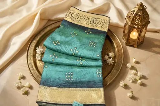 [73317002JY18A5] Teal and Navy Crinkle Silk Saree with Zari Border