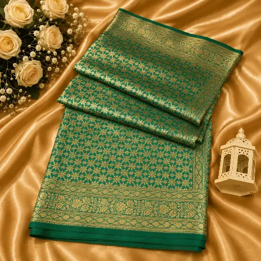 [90517001FX56E2] Emerald Green Banarasi Silk Saree with Gold Zari Floral Weave & Rich Border