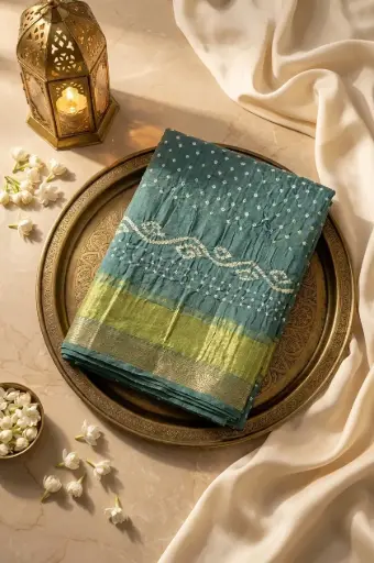 [05612001FO32E0] Teal Green Gajji Silk Bandhani Saree with Zari Border