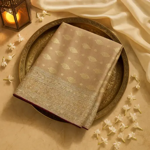 [05617001GX95D3] Elegant Beige Designer Saree with Exquisite Zari and Embroidery