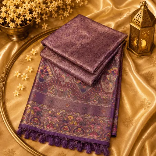 [05609001EL41E6] Purple Banarasi Silk Saree with Intricate Woven Floral Border & Rich Traditional Ethnic Design 