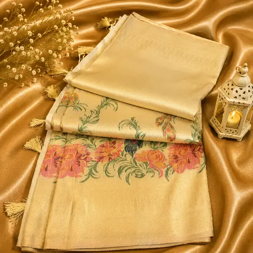 [05609001FP10E0] Premium Cream Floral Woven Silk Saree with Elegant Tassels
