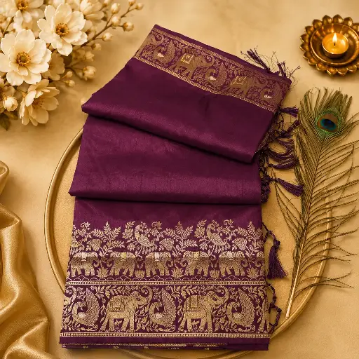 [05609001FW60E1] Royal Purple Silk Blend Saree with Golden Elephant Zari Border & Tassel Pallu
