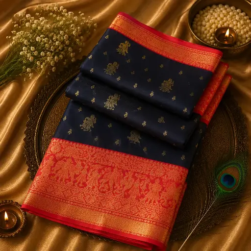 [05609001HK07B7] Navy Blue Banarasi Silk Saree with Coral Pink Zari Border & Gold Buti
