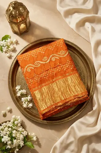 [05609001HK98C2] Tangerine Orange Bandhani Silk Saree with Zari Pallu
