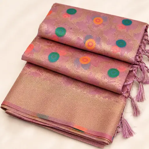 [05609001HY43C3] Pink Banarasi Silk Saree with Gold Zari Border & Multicolor Floral Woven Design for Festive Wear New 