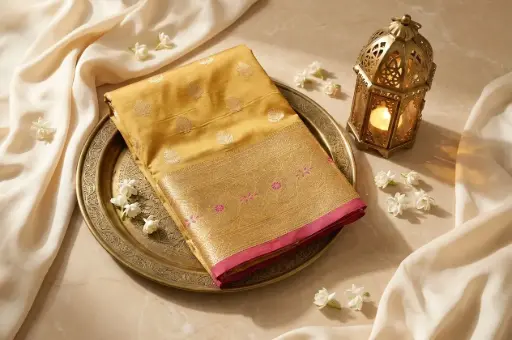 [05609001YM70E7] Mustard Yellow Silk Saree with Contrast Rani Pink Border