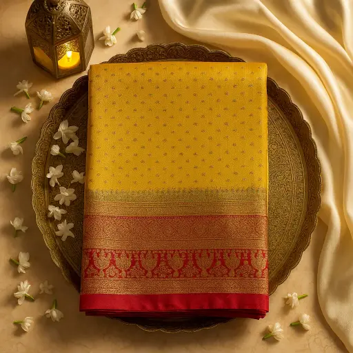 [91917001FQ06E0] Radiant Yellow Festive Designer Saree with Ornate Zari Border