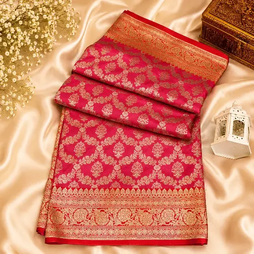 [91917011FQ01E0] Elegant Rani Pink Banarasi Silk Saree with Gold Zari Floral Weave