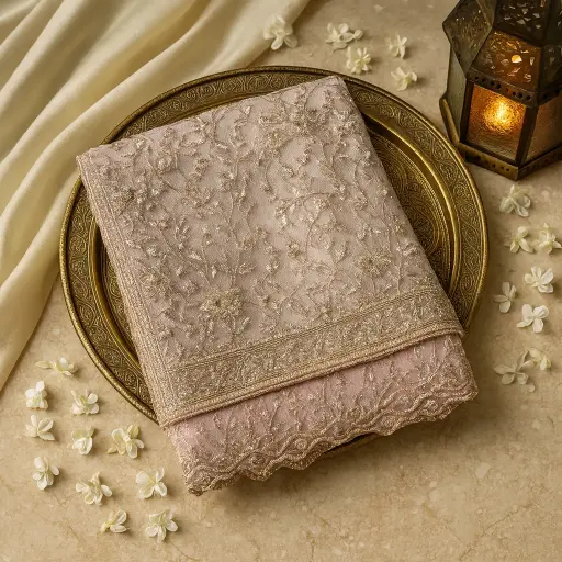 [92917001QP56E1] Exquisite Pastel Peach Embroidered Net Saree with Shimmering Sequins