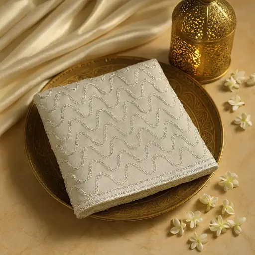 [92917001TC37E1] Elegant Off-White Net Saree with Exquisite Sequined Wave Embroidery