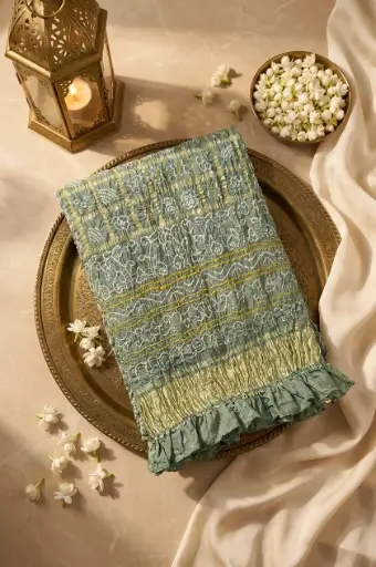 [07812001FS39E1] Sage Green Pure Georgette Bandhani Saree with Zari Checks