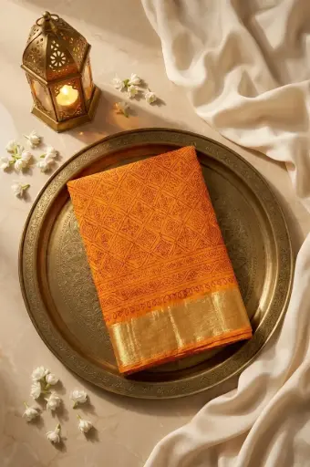 [07812001FS46E1] Mustard Orange Georgette Hand Bandhani Saree with Zari Border