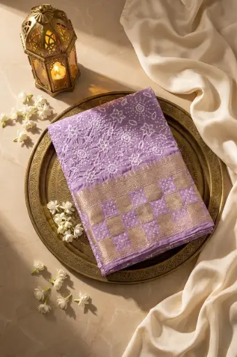 [07812001FS47E1] Lavender Georgette Bandhani Saree with Woven Gold Zari Pallu