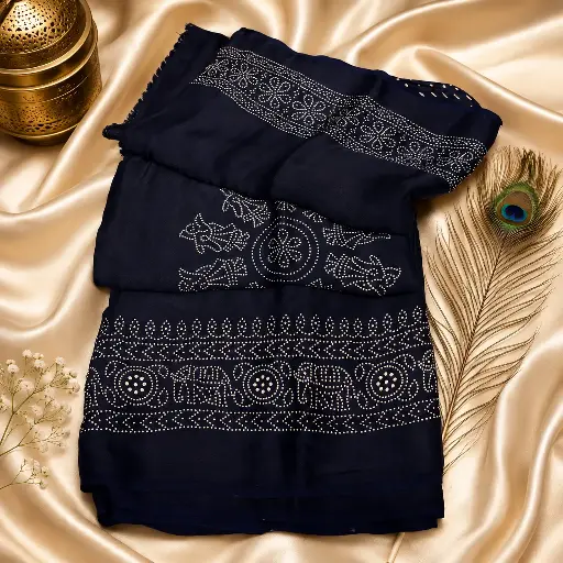 [07812001FS94E1] Navy Blue Bandhani Printed Cotton Silk Saree with Elephant Border