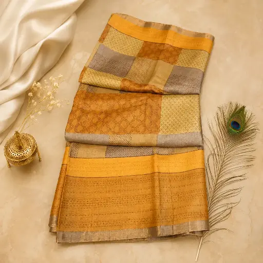 [74717001FP28E0] Elegant Mustard & Beige Checked Linen Cotton Saree with Woven Border