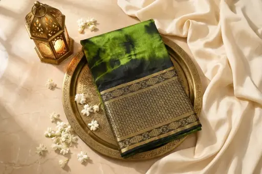 [79017001IW82B4] Olive Green and Black Tie-Dye Silk Saree with Zari