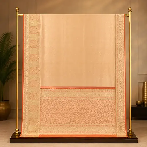 [54509001FQ53E0] Beige Gold Woven Saree with Coral Border and Ornate Pallu