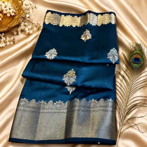 [93009001EL34E6] Elegant Navy Blue Soft Silk Saree with Silver Zari Border & Floral Buti Design