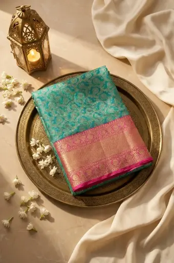 [86109001FU02E1] Teal Green and Rani Pink Pure Silk Brocade Saree