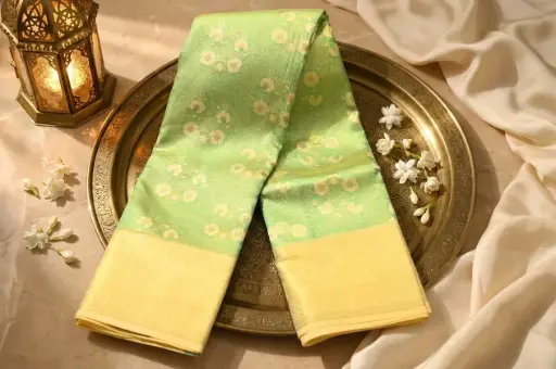 [86109001FU03E1] Parrot Green Woven Silk Saree with Gold Zari Border