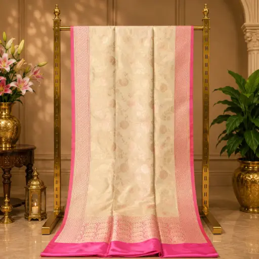 [74109072FP45E0] Women's Cream Floral Woven Saree with Rani Pink Zari Border