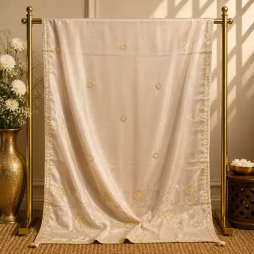 [86717001EA76E2] Cream Satin Saree with Sequin Buti Work and Embroidered Border