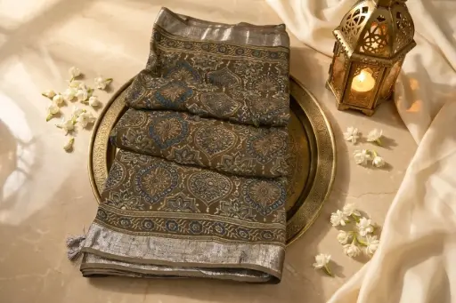[87312001GW63D3] Earthy Brown Printed Chanderi Saree with Silver Zari Border