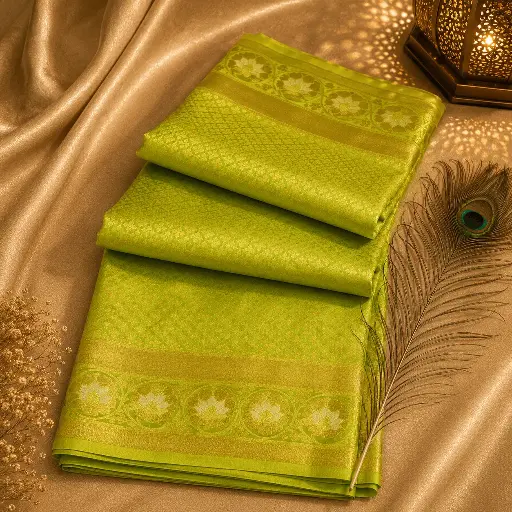 [54709001FT59E1] Elegant Lime Green Banarasi Silk Saree with Gold Zari Floral Border & Woven Design 