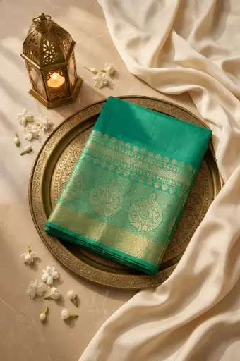 [54709001FQ61E0] Emerald Green Pure Silk Saree with Gold Zari Pallu