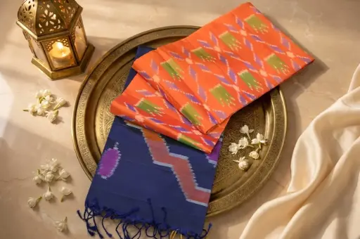 [54709001FQ67E0] Royal Blue and Orange Pure Silk Handloom Ikat Saree