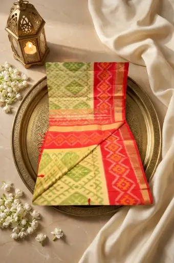 [54709001FQ59E0] Pistachio Green and Coral Red Handloom Ikat Silk Saree
